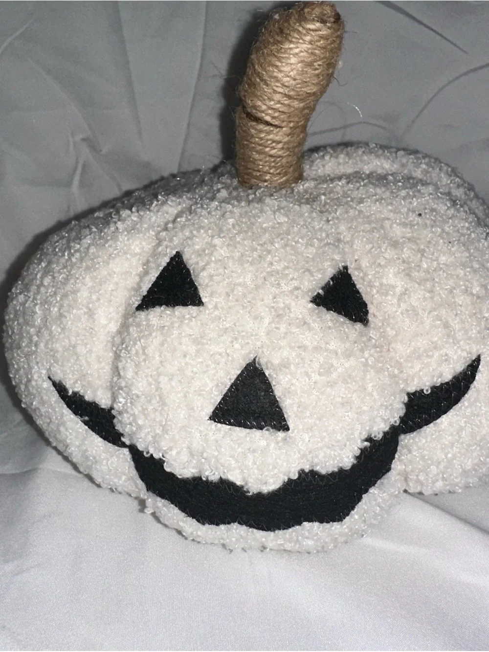 White Bouclé Jack O Lantern Pumpkin Halloween Decor